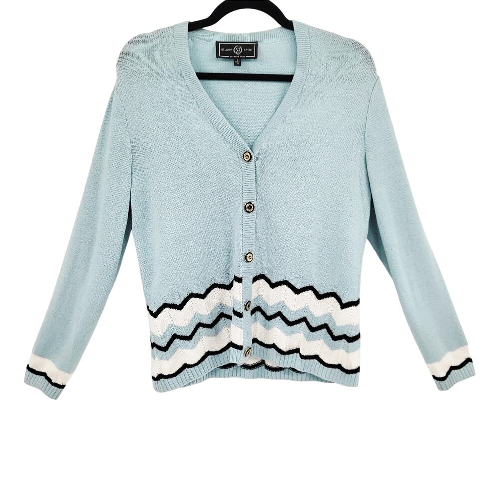 Vintage St. John Sport Marie Gray Light Blue Ripple Stitch Knit Cardigan Size M